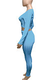 Black Women Ribber V Collar Long Sleeve Solid Color Bodycon Jumpsuits Pants Sets Q979-4