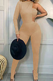 Black Fashion Sexy Ribber Pure Color  Strapless&One Sleeve Tops Slit Skinny Pants Three Piece HH10011-1