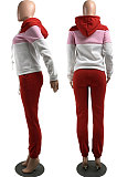 Red Casual  Preppy Thicken Spliced Long Sleeve Hoodie Tops Jogger Pants Sport Sets W8359-2