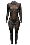 Black Women Sexy Bling Bling Mesh Spaghetti Mid Waist Bodycon Jumpsuits Q974-1