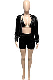 Wine Red Women Pure Color Tank Condole Belt Cardigan Korea Velvet Zipper Pocket Shorts Three Pieces Q976-2