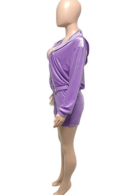 Purple Women Pure Color Tank Condole Belt Cardigan Korea Velvet Zipper Pocket Shorts Three Pieces Q976-3