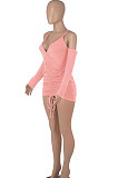 Wine Red Women Pure Color Off Shoulder V Collar Bandage Drawsting Long Sleeve Mini Dress WMZ2680-2