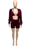 Wine Red Women Pure Color Tank Condole Belt Cardigan Korea Velvet Zipper Pocket Shorts Three Pieces Q976-2