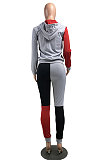Grey Wholesale New Multicolor Spliced Long Sleeve Zip Hoodie Jogger Pants Sport Sets W8358-2