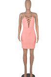 Pink Euramerican Backless Sexy Condole Belt Tied Hollow Out Mid Waist Tight Mini Dress WMZ2681-2