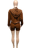 Pink Women Pure Color Tank Condole Belt Cardigan Korea Velvet Zipper Pocket Shorts Three Pieces Q976-1