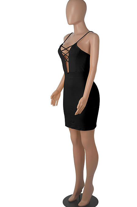 Black Euramerican Backless Sexy Condole Belt Tied Hollow Out Mid Waist Tight Mini Dress WMZ2681-1
