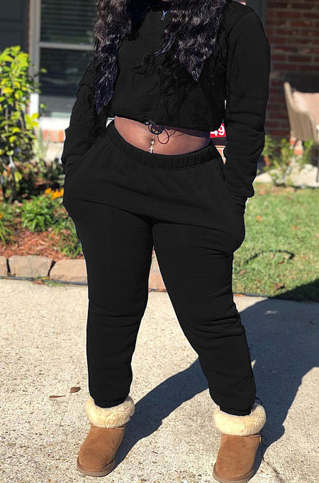 Black Modest New Cotton Hoody Tops Jogger Pants Plain Color Sets DN8643-4