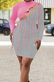 Blue Yellow Nigh Club Sexy Spliced Bandage Tassel Long Sleeve High Neck Bodycon Hip Dress HH10010-1