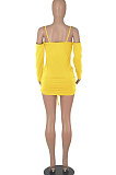 Yellow Women Pure Color Off Shoulder V Collar Bandage Drawsting Long Sleeve Mini Dress WMZ2680-4