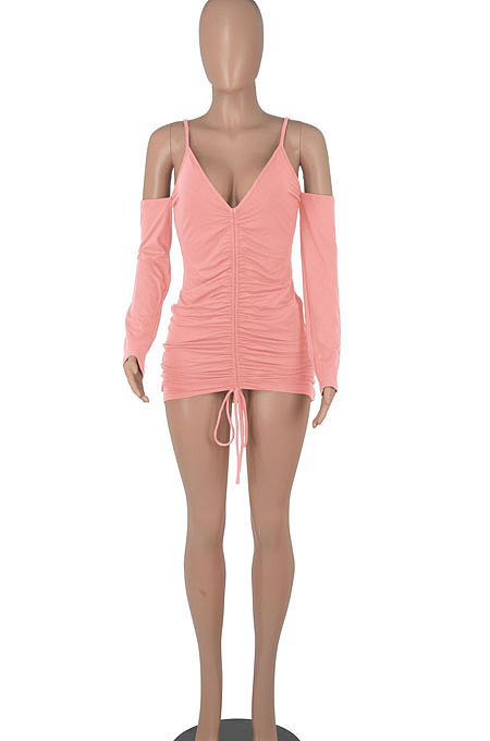 Pink Women Pure Color Off Shoulder V Collar Bandage Drawsting Long Sleeve Mini Dress WMZ2680-3