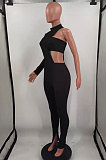 Khaki Fashion Sexy Ribber Pure Color  Strapless&One Sleeve Tops Slit Skinny Pants Three Piece HH10011-2