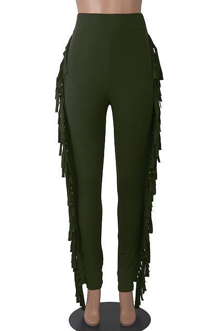 Black Women Fashion Solid Color Sexy Tassel Mid Waist Long Pants WMZ2683-1