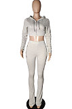 Gray Women Pure Color Cardigan Hoodie Top Zipper Dew Waist Pants Sets LD81071-1