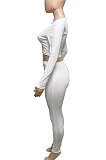 White Women Ribber V Collar Long Sleeve Solid Color Bodycon Jumpsuits Pants Sets Q979-1