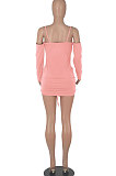 Black Women Pure Color Off Shoulder V Collar Bandage Drawsting Long Sleeve Mini Dress WMZ2680-1