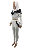 White Casual Sport Sequins Spliced Long Sleeve Hoodie Tops Jogger Pants Sets SZS8191-2