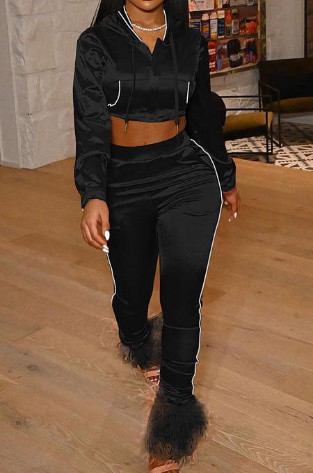 Blue Winter Women Solid Color Hoodie Top Long Sleeve Zipper Dew Waist Sexy Smooth Cloth Pants Sets LD81069-1