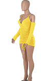 Pink Women Pure Color Off Shoulder V Collar Bandage Drawsting Long Sleeve Mini Dress WMZ2680-3