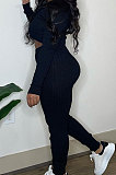 Black Preppy Simple Women's High Elastic Ribber Hoodie Tops Jogger Pants Plain Color Sets YC8056