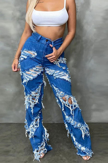 Dark Blue Wholesale New Modest Wave Hole Jean Pants SZS1003