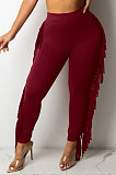 Black Women Fashion Solid Color Sexy Tassel Mid Waist Long Pants WMZ2683-1