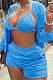 Light Blue Women Pure Color Tank Condole Belt Cardigan Korea Velvet Zipper Pocket Shorts Three Pieces Q976-5