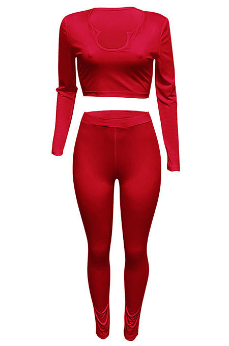 Red Women Ribber V Collar Long Sleeve Solid Color Bodycon Jumpsuits Pants Sets Q979-3
