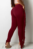Black Women Fashion Solid Color Sexy Tassel Mid Waist Long Pants WMZ2683-1