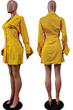 Black Fashion Preppy Pure Color Horn Sleeve Single-Breasted Collect Waist Shirts Dress WY6861-2