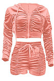 Pink Women Cardigan Short Crop Ruffle Korea Velvet Solid Color Zipper Shorts Sets Q975-1