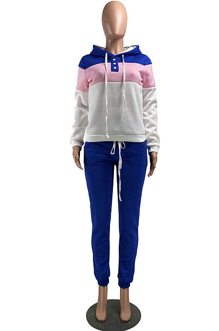 Blue Casual  Preppy Thicken Spliced Long Sleeve Hoodie Tops Jogger Pants Sport Sets W8359-3