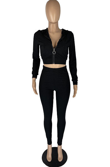 Black Preppy Simple Women's High Elastic Ribber Hoodie Tops Jogger Pants Plain Color Sets YC8056