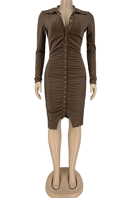 Brown Sexy Elegunt Long Sleeve Lapel Neck Front Button Ruffle Hip Dress DN8641-3