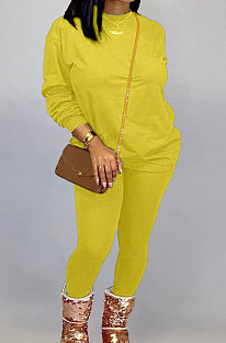 Yellow Women Long Sleeve Round Collar Pure Color Pants Sets LD86311-2