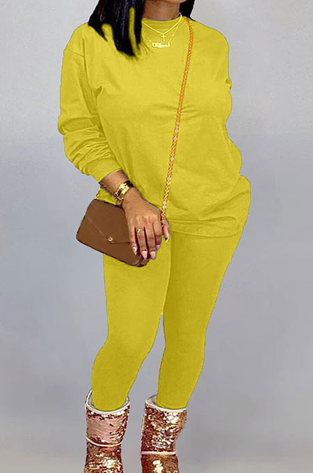 Yellow Women Long Sleeve Round Collar Pure Color Pants Sets LD86311-2