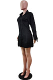 Blue Fashion Preppy Pure Color Horn Sleeve Single-Breasted Collect Waist Shirts Dress WY6861-1