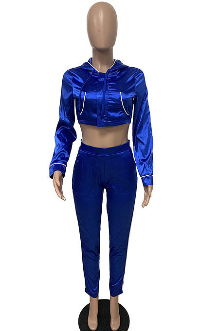 Blue Winter Women Solid Color Hoodie Top Long Sleeve Zipper Dew Waist Sexy Smooth Cloth Pants Sets LD81069-1