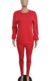 Red Women Long Sleeve Round Collar Pure Color Pants Sets LD86311-1
