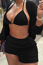 Black Women Pure Color Tank Condole Belt Cardigan Korea Velvet Zipper Pocket Shorts Three Pieces Q976-6