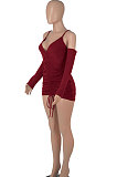Pink Women Pure Color Off Shoulder V Collar Bandage Drawsting Long Sleeve Mini Dress WMZ2680-3