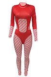 Blue Women Contrast Color Positioning Printing High Waist Bodycon Jumpsuits Q967-3