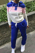 Blue Casual  Preppy Thicken Spliced Long Sleeve Hoodie Tops Jogger Pants Sport Sets W8359-3