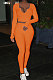 Orange Women Ribber V Collar Long Sleeve Solid Color Bodycon Jumpsuits Pants Sets Q979-2