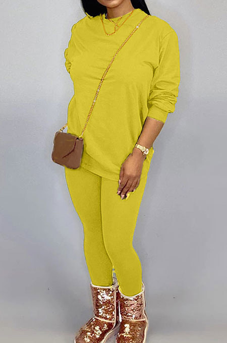 Blue Women Long Sleeve Round Collar Pure Color Pants Sets LD86311-4