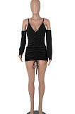 Pink Women Pure Color Off Shoulder V Collar Bandage Drawsting Long Sleeve Mini Dress WMZ2680-3