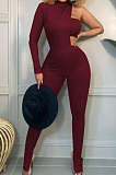 Black Fashion Sexy Ribber Pure Color  Strapless&One Sleeve Tops Slit Skinny Pants Three Piece HH10011-1