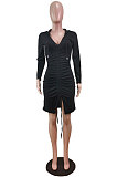 Wine Red Wholesale Casual Long Sleeve Deep V Neck Ruffle Slit Hooded Dress WY6854-1