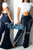 Blue Casual High Waist Hole Slit Jean Flare Pants SZS1001